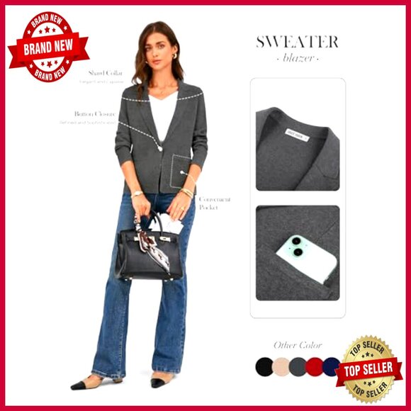 Knit Blazer Jacket Lightweight Cropped Fitted Business Casual Office Wear - Picture 3 of 7